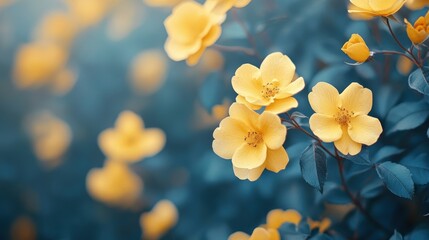 Wall Mural - Close-up Photograph of Vibrant Yellow Flowers Blossoming Against a Soft Focus Background of Lush Green Leaves in a Tranquil Natural Setting