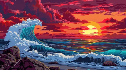 Wall Mural - A dramatic ocean sunset with waves crashing against rocks in a high-contrast landscape style