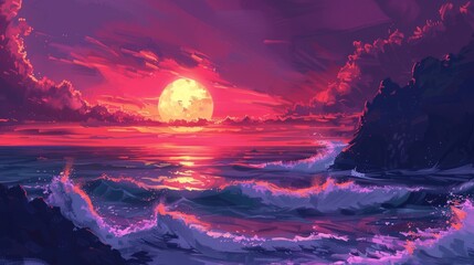 Wall Mural - A dramatic ocean sunset with waves crashing against rocks in a high-contrast landscape style