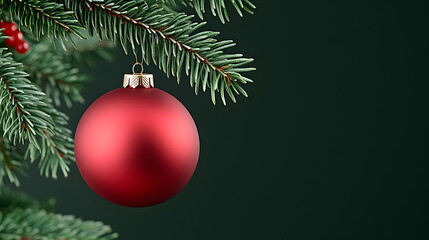 Wall Mural - Red Christmas ornament hanging on a fir tree branch against a dark background. Ideal for holiday cards