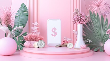 Leinwandbilder - Smartphone showing dollar sign surrounded by coins and plants on pink background