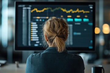 Wall Mural - young female professional in smart casual wear standing in front of computer monitor displaying fina