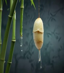 Insect hanging from a bamboo cane with small white chrysalis, insect life, outdoor