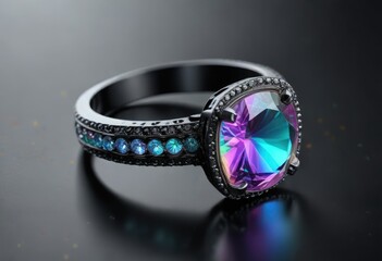 Iridescent ring with a glittering stone on a black background, dark background, luxury, shimmering