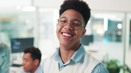 Aufkleber - Happy man, software developer and glasses with pride for app development, design or programming at office. Portrait, male person or web designer with smile for UI, UX or online testing at workplace