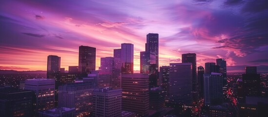 Wall Mural - Vibrant sunset over a city skyline with skyscrapers.