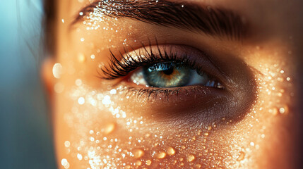Extreme close-up of a human eye with intricate iris details, reflecting a surreal and futuristic light pattern