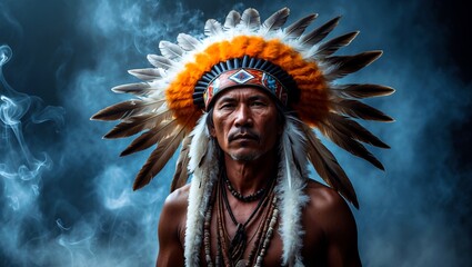 Mystical portrait of indigenous man in feather headdress