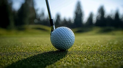 Wall Mural - Close-up of a golf ball on lush green grass with a golf club poised for a swing in a serene landscape