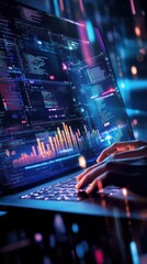 Code on laptop screen. Hands typing. Abstract lights background. Coding, programming, design work usage