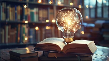 Leinwandbilder - Light bulb is illuminating an open book suggesting new ideas and learning
