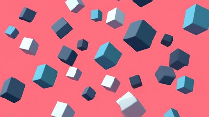 Wall Mural - Abstract background with floating cubes in blue, black, and white on a pink backdrop.