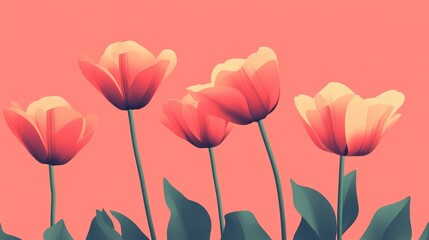 Wall Mural - Coral Tulips Blooming Against A Soft Pink Background