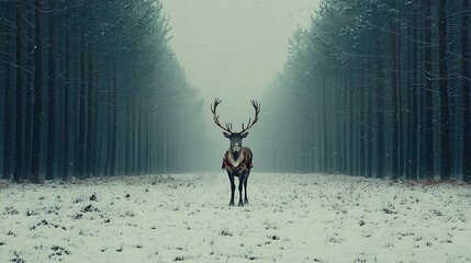 Poster - Reindeer in snowy forest path, winter wonderland, calm scene, holiday card