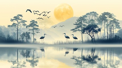 Poster - Serene lake, misty mountains, three cranes, birds flying, moonlit landscape; nature wallpaper