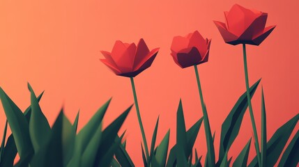 Wall Mural - Low Poly Red Tulips Against Coral Background