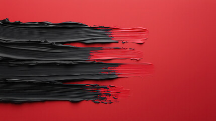 Fototapete - Bold black and red paint strokes on vibrant red background create striking visual contrast, showcasing artistic expression and creativity