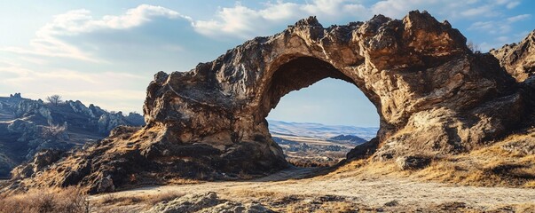 Poster - Natural rock arch framing a picturesque mountain landscape in the sunlight