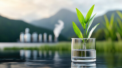 Aufkleber - clean energy future visualized with plant water, symbolizing sustainability and growth. background features industrial structures and mountains, highlighting contrast between nature and industry