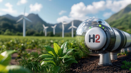 Fototapete - clean energy scene highlighting hydrogen pipeline with wind turbines in lush green field. image captures essence of sustainable energy and innovation