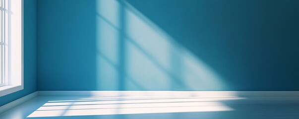 Poster - Empty room with a sunlit blue wall awaits furniture