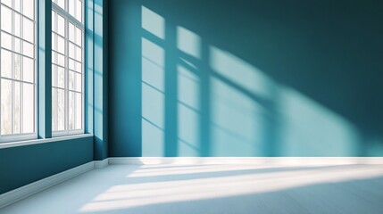 Aufkleber - Teal-walled room with sunlight creating geometric shadows from the window onto the empty space