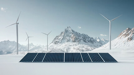 Aufkleber - serene landscape featuring solar panels and wind turbines in snowy mountain setting, showcasing renewable energy sources in tranquil environment