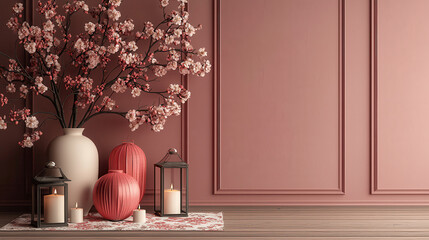 Aufkleber - cozy and culturally rich scene featuring vase with cherry blossoms, decorative lanterns, and candles against pink wall. warm ambiance creates serene atmosphere