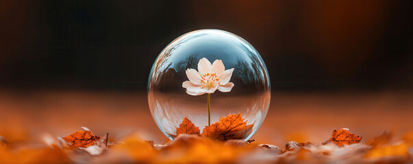 Poster - delicate flower shielded by glass orb, symbolizing fragility and beauty amidst autumn leaves. scene evokes sense of tranquility and wonder