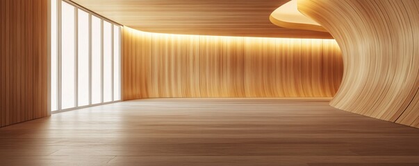 Poster - Minimalist and modern empty room with curved wooden walls and big windows is illuminated by hidden lights