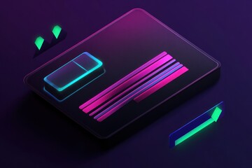 Wall Mural - Neon isometric illustration of a digital data package.
