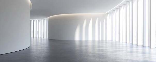 Aufkleber - Sunlight is illuminating a modern empty office interior with a rounded wall and concrete floor