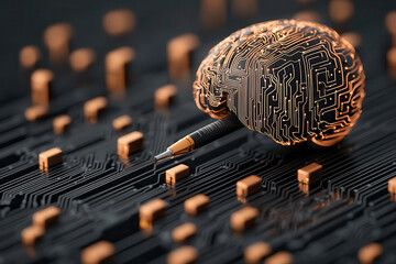 Aufkleber - digital human brain integrated with AI circuits and pen, symbolizing innovation and technology. intricate design showcases blend of creativity and intelligence