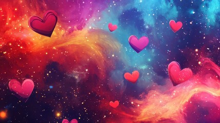 Wall Mural - Hearts floating in a vibrant cosmic nebula