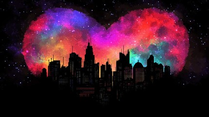 Wall Mural - City Skyline Heart Shaped Cosmic Nebula