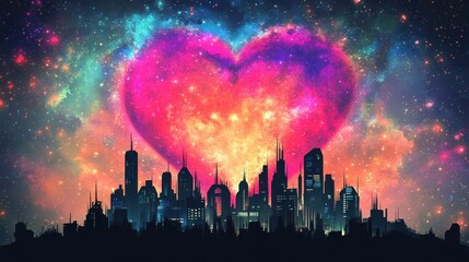 Wall Mural - Cosmic Heart Above Cityscape Silhouette At Night