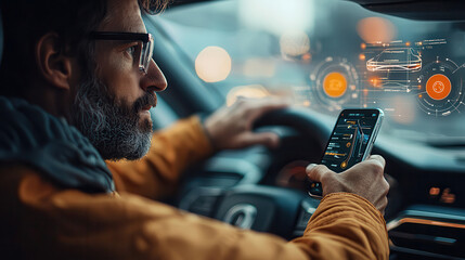 Leinwandbilder - Driving in high tech city, man uses smartphone to access smart features while navigating. futuristic dashboard displays digital information, enhancing driving experience