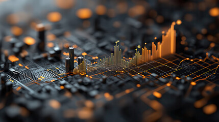 Fototapete - dynamic 3D visualization of global economic growth with vibrant orange and black colors, showcasing data trends and urban structures. This represents financial analytics and market performance