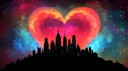 Wall Mural - City Skyline Beneath a Heart Shaped Cosmic Moon