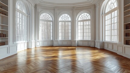 Wall Mural - Empty room with tall windows, wood floors, built-in shelves; ideal for showcases