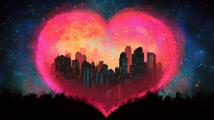 Wall Mural - Cityscape Enveloped by a Cosmic Heart Shaped Nebula