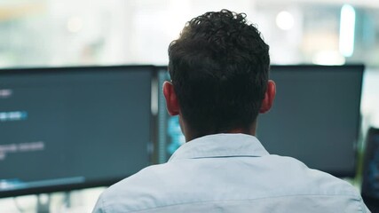 Man, software developer and coding with computer screen for programming or web design at office desk. Back view, male person or programmer with display for HTML, UX or AI development at workplace