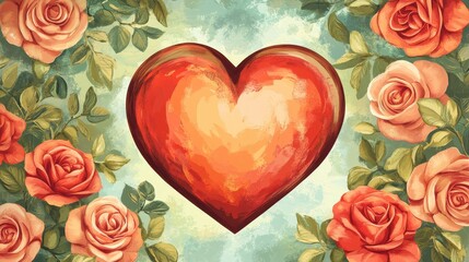 Wall Mural - A painted heart surrounded by blooming roses