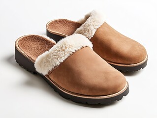 Wall Mural - Warm and comfortable brown winter clogs with soft fluffy trim on a white background