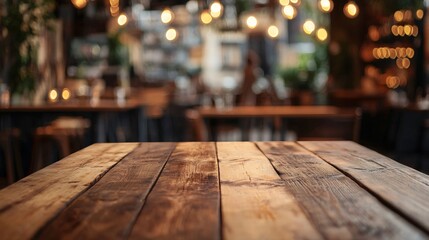Aufkleber - Empty wooden tabletop with blurred restaurant background