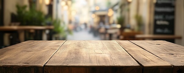 Poster - Empty wooden tabletop with blurred restaurant on background