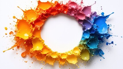 Canvas Print - Splattered circular paint explosion, vivid colors, white background, creative use