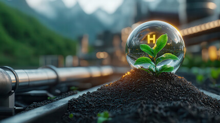 Aufkleber - glowing glass sphere with H symbol sits atop small green plant, symbolizing sustainability and innovation in lush environment. scene conveys sense of hope and progress