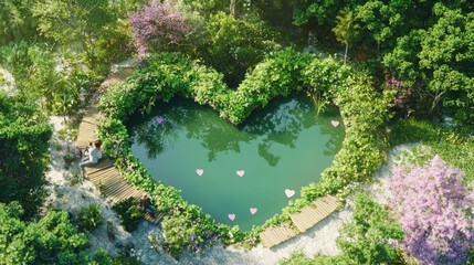 Poster - Serene Heart-Shaped Pond Surrounded by Lush Greenery and Flowers