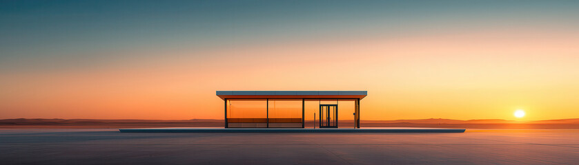Poster - minimalist bus terminal in remote desert at sunset, showcasing sleek architecture and expansive views. serene atmosphere evokes sense of tranquility and isolation